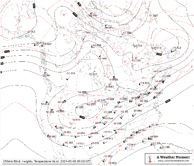 00Z 250mb Upper Air Radiosonde Plot for Canada and the United States
