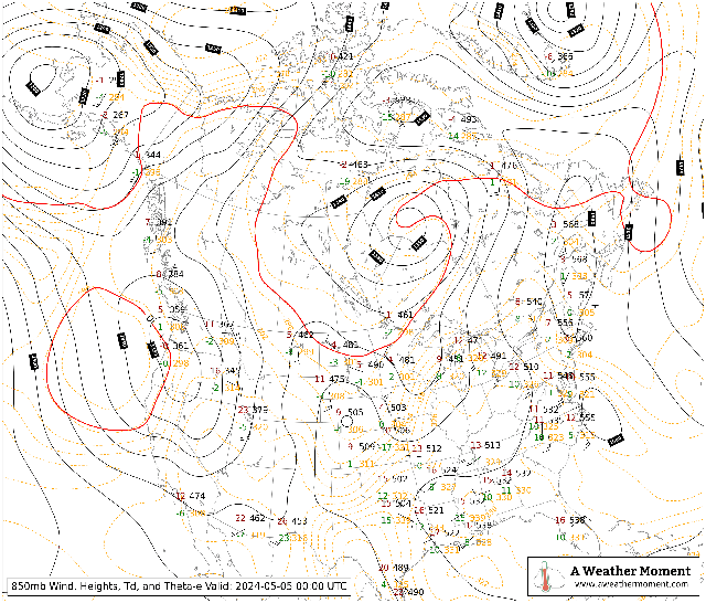 00Z 850mb Upper Air Radiosonde Plot for Canada and the United States