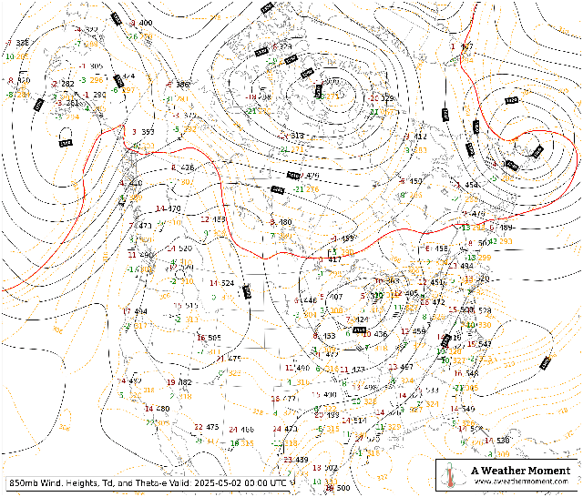 00Z 850mb Upper Air Radiosonde Plot for Canada and the United States