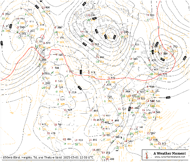 12Z 850mb Upper Air Radiosonde Plot for Canada and the United States