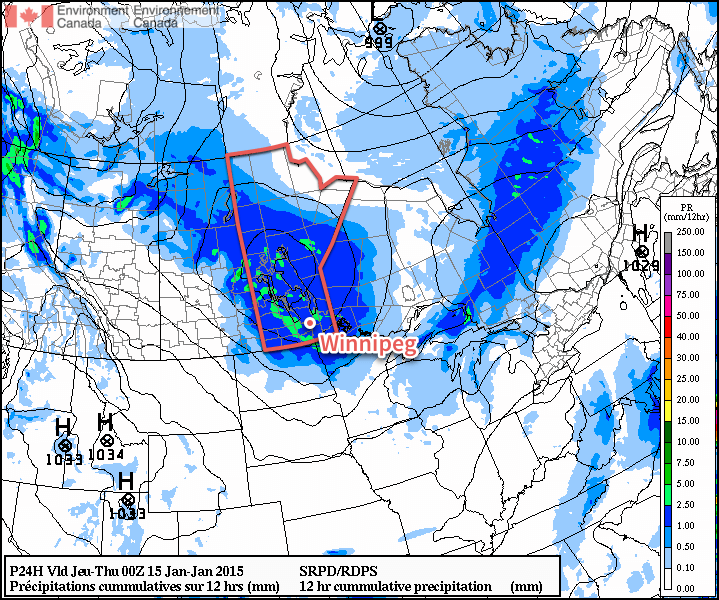 This 12hr. precipitation totals panel from the RDPS shows 1-2.5mm of precipitation over Manitoba today, equivalent to anywhere from 1 - 3cm of snow.