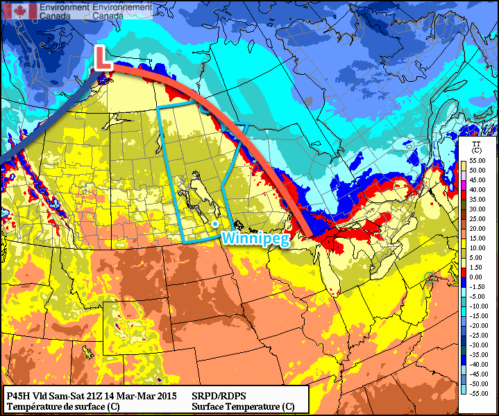 RDPS Surface Temperature – 21Z March 15, 2015