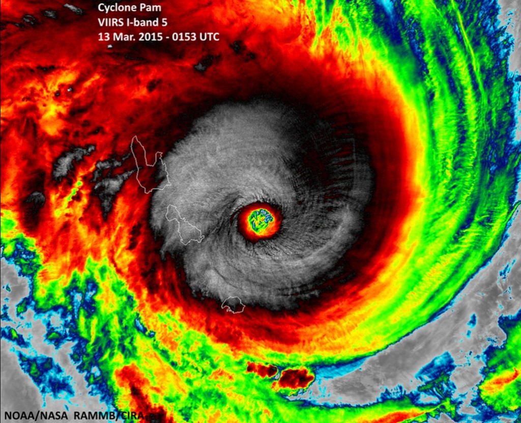 Typical buzz-saw appearance of a category five cyclone seen as Pam approached Vanuatu and was near peak strength. (Source: NOAA)