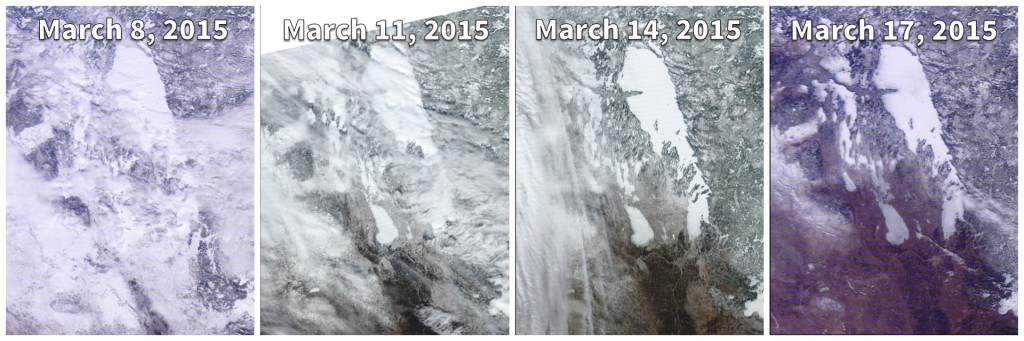 MODIS imagery revealing significant snow pack melt in Southern Manitoba