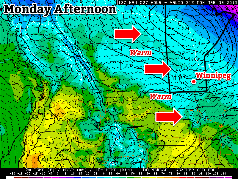 Monday will be above-seasonal as a mild westerly flow moves across the Prairies