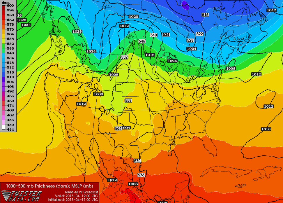 Forecast 1000–500mb Thickness Sunday into Monday
