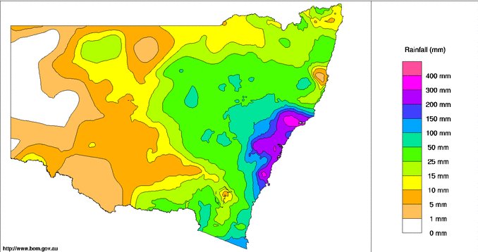 The state of New South Wales is pictured with one-week rainfall totals. Bright pink shaded areas are areas that saw over 300mm of rain fall throughout the week.