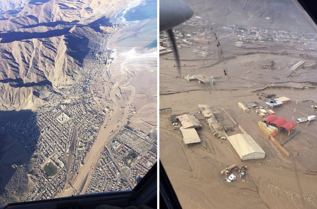 Aerial images of a flooded region in the Atacama just south of Antofagasta. (Source: Reuters)