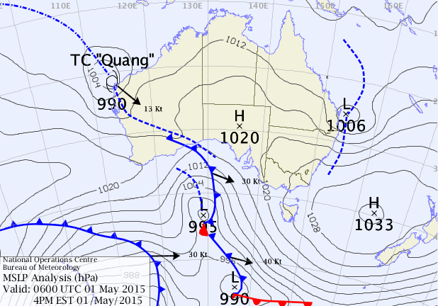 Surface Map analysis from overnight Thursday shows the east coast low just off Australia's eastern shores and the tropical storm Quang about to make landfall on Western Australia territory. (Source: BoM)