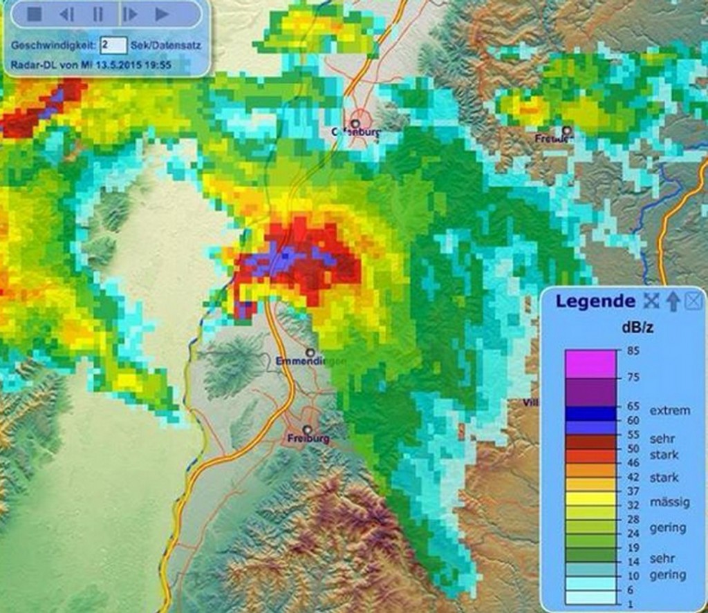 Radar scan of the supercell north of Freiburg, Germany. Note the hook echo and even possible debris ball. (Source: Meteo Europe)