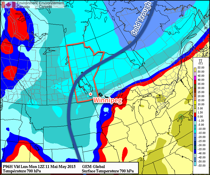 The GDPS clearly shows a trough of cold air remaining entrenched over Manitoba.