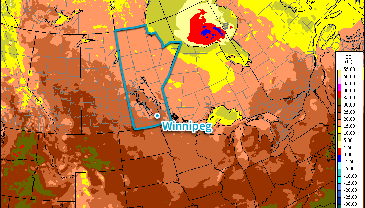 RDPS Surface Temperature Forecast – 00Z Tuesday July 21, 2015