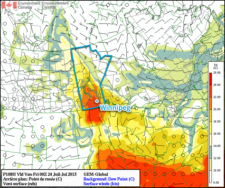 GDPS Surface Dew Point Forecast – 00Z Friday July 24, 2015