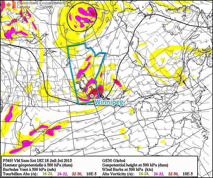 GDPS Forecasted 500mb Heights & Vorticity for Mid-day Saturday