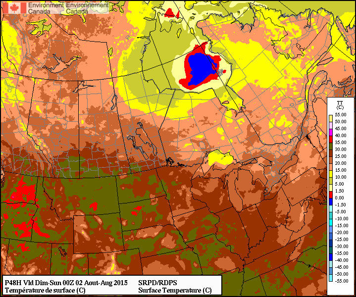 RDPS Forecast Temperature for 00Z Sunday August 02, 2015