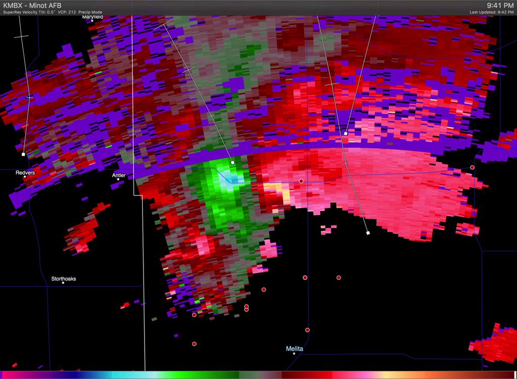 Doppler Velocities from the Minot AFB NEXRAD Site at 9:41PM CDT