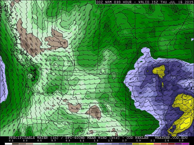 NAM Precipitable Water Forecast for 15Z Thursday July 16, 2015