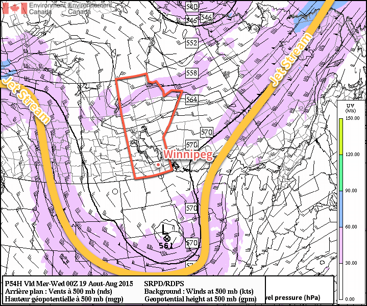 Forecast 500mb Winds with Jetstream Annotation from the RDPS