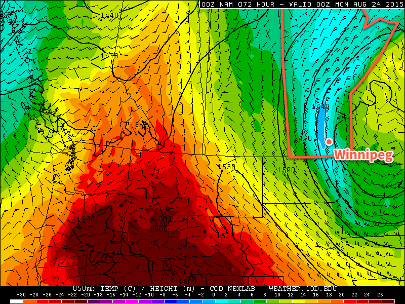 NAM Forecast 850mb Temperatures and Winds for Sunday Evening