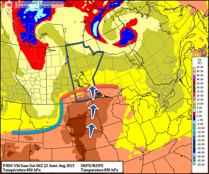 850mb RDPS Temperature Forecast with Fronts & Low Level Jet Annotations