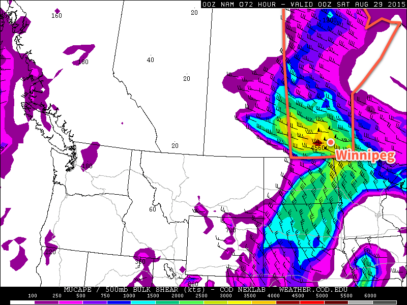NAM Forecasted MUCAPE & Bulk Shear valid Friday evening.