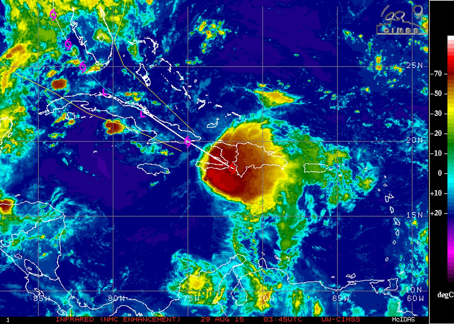 IR satellite image of Erika on Friday night. Erika looks rather disorganized due to relatively strong shear present, but could still bring heavy rainfall to some Caribbean Islands. (Source: NHC)