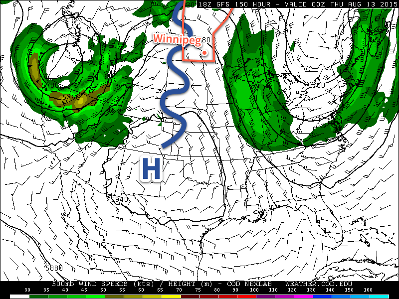 GFS 500mb Height & Wind Forecast valid 00Z Thursday August 13, 2015
