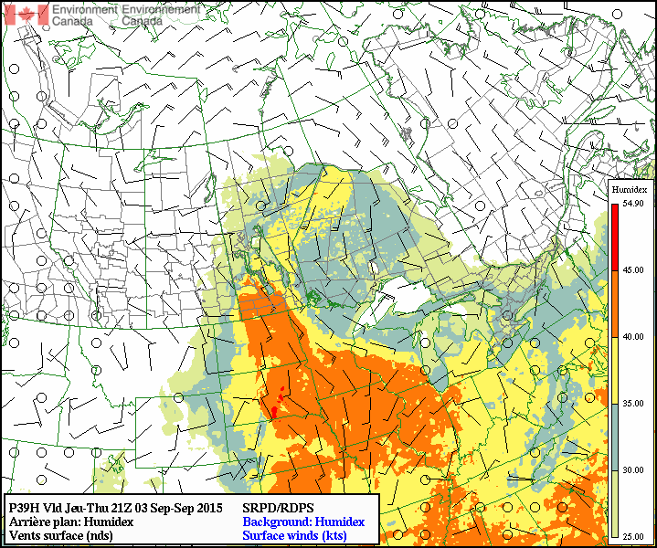 RDPS Forecast Humidex valid the afternoon of Thursday September 3, 2015