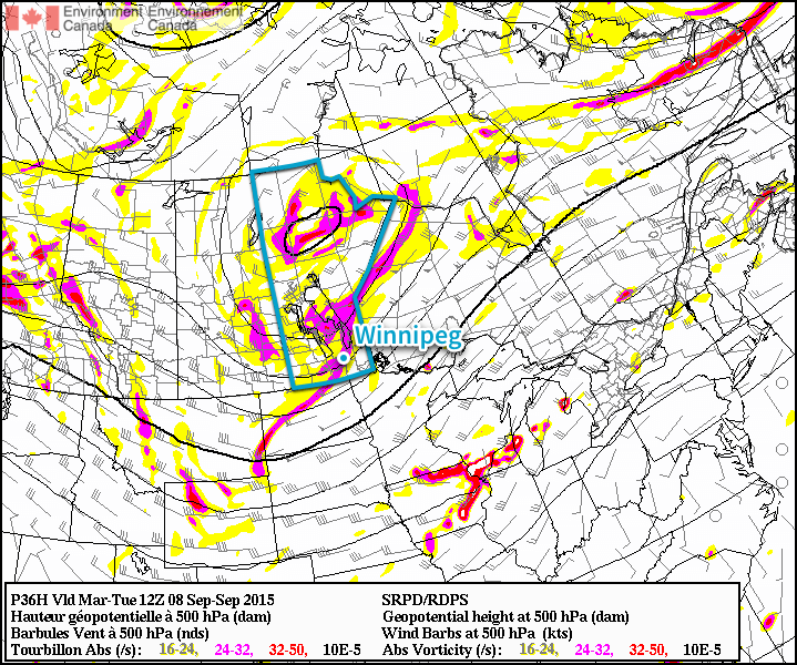 RDPS 500mb Heights & Vorticity for Tuesday Morning