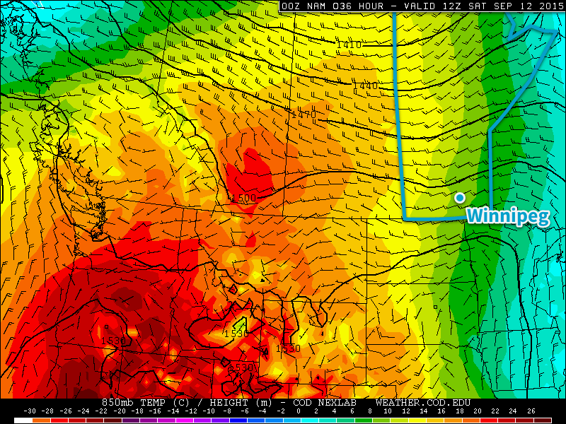 Forecast 850mb Temperatures valid Saturday Morning from the NAM