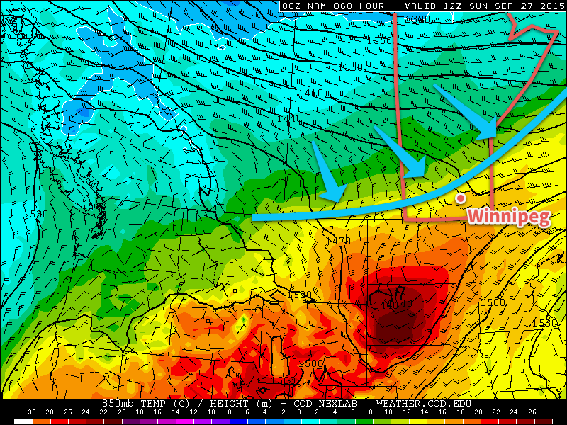 Forecast 850mb temperatures valid Sunday morning from the NAM.