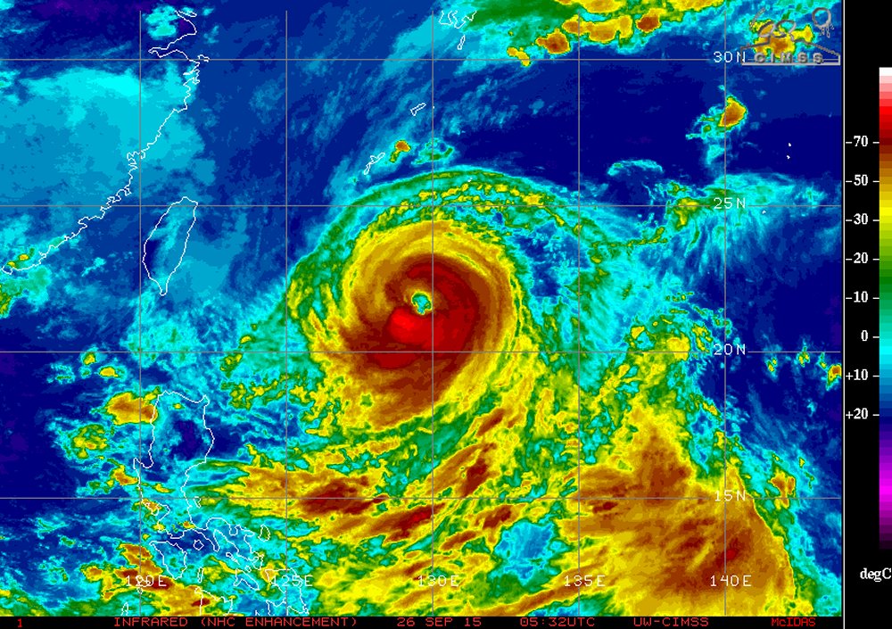 Infrared satellite imagery of Dujuan on Friday night shows very cold tops on the south side of the eyewall and an eye that has cleared out nicely. (Source: UW-CIMSS)