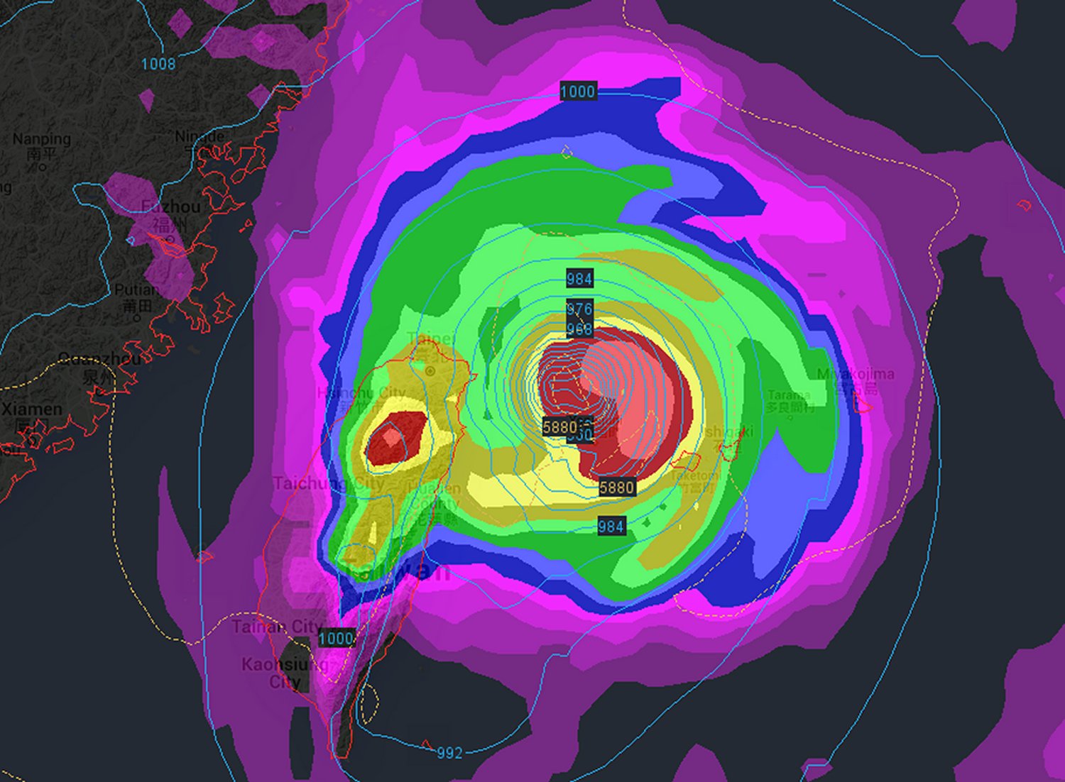 Only one of the numerous forecast models' output for Dujuan. This one from the 25/12z ECMWF - brings the storm down to 935mb near northern Taiwan. (Source: Wunderground)
