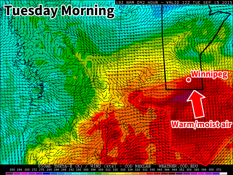 A push on warm, moist air on Monday night may trigger storms in southern Manitoba