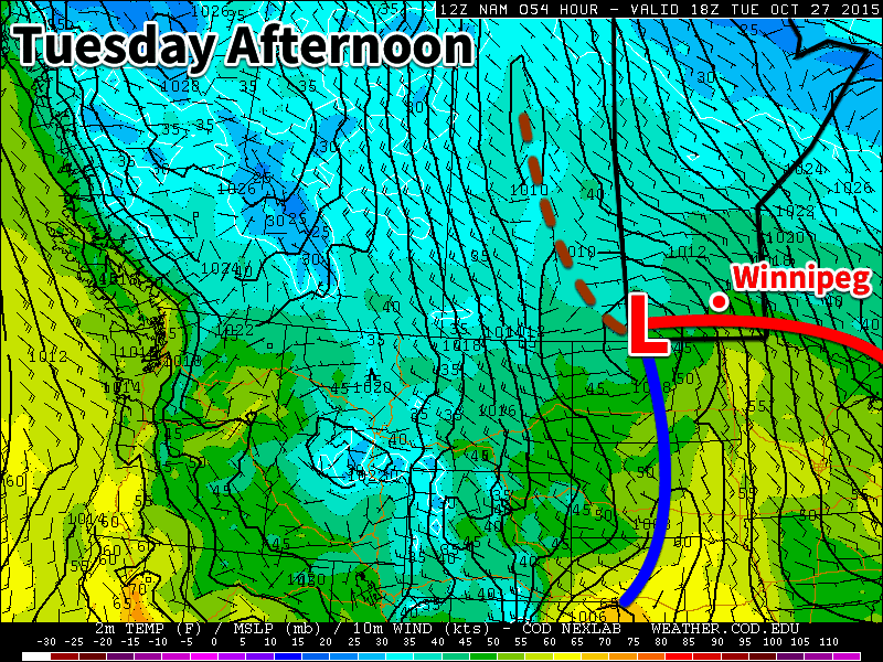 A low pressure system will bring rain to southern Manitoba on Tuesday and Wednesday