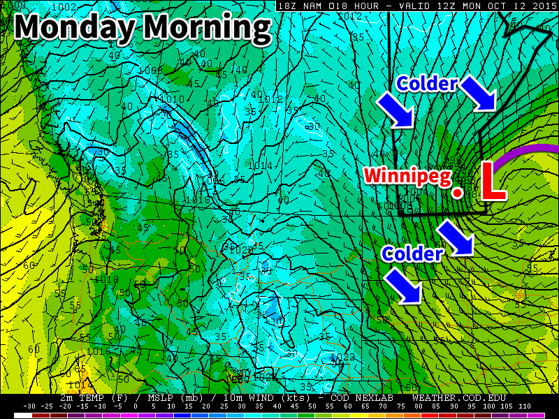 A strong pressure gradient (shown above as tightly packed black lines called isobars) will bring very windy conditions to southern Manitoba on Monday