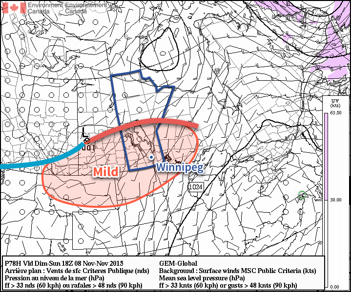 GDPS Surface Winds & Pressure for Sunday November 8, 2015