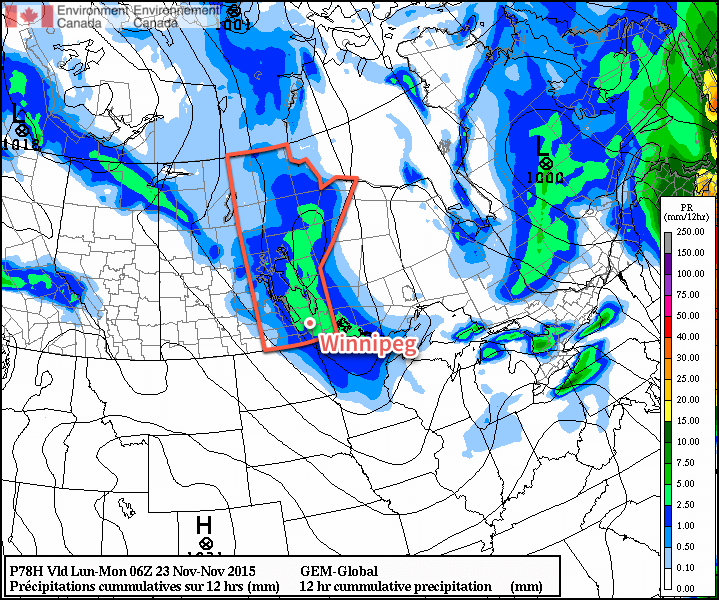 GDPS 12hr. Precipitation Accumulation valid midday Sunday through Sunday evening.