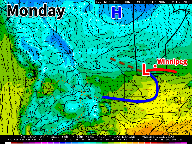 A low pressure system will bring light rain to parts of southern Manitoba on Monday