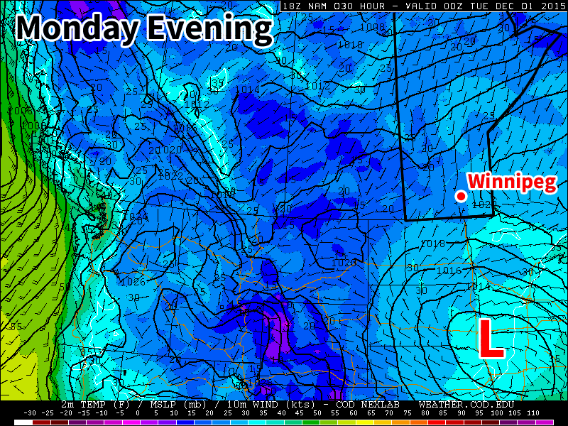A low pressure system will sit just south of Manitoba early in the week