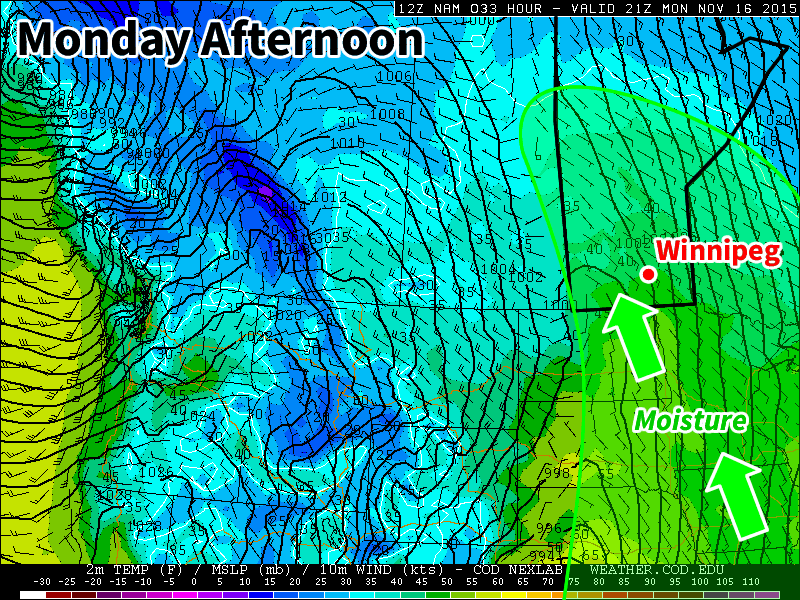 Monday will be overcast with periods of drizzle as a surge of moisture generates low cloud over southern Manitoba