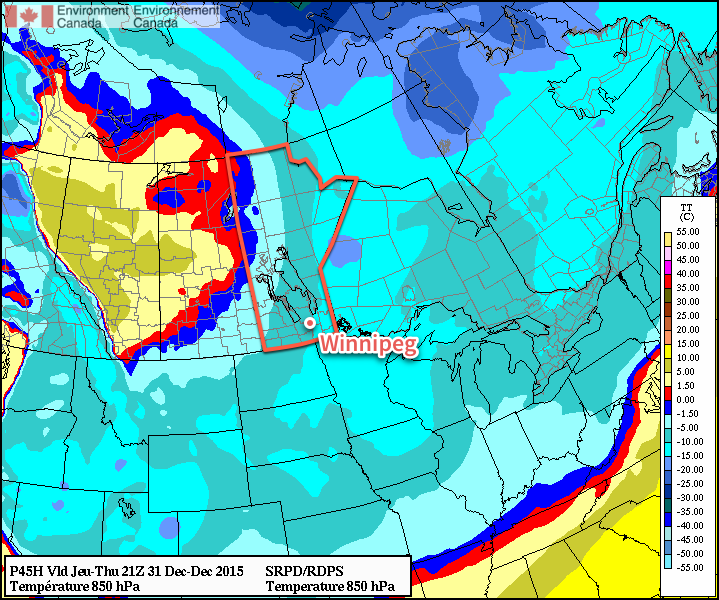 Forecast 850mb temperatures for Thursday afternoon from the RDPS