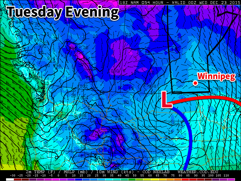 A low pressure system may bring more snow to southern Manitoba on Tuesday