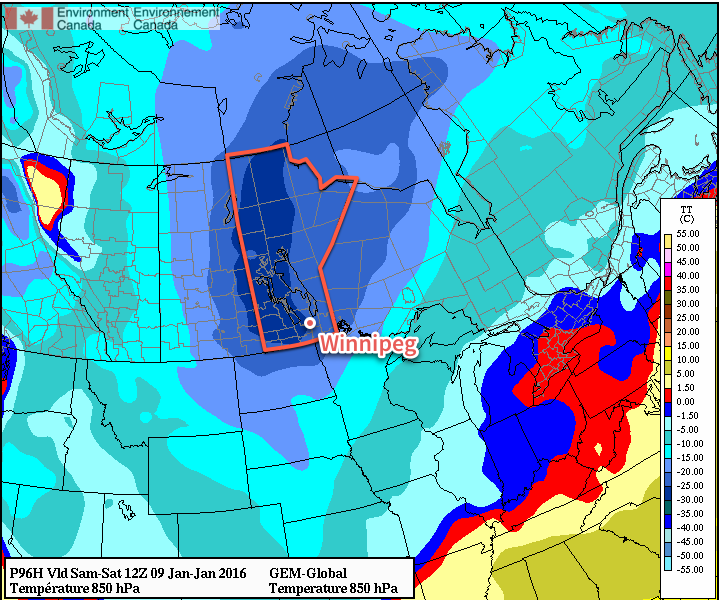 GDPS 850mb Temperature Forecast valid Saturday 12Z 09 January 2016