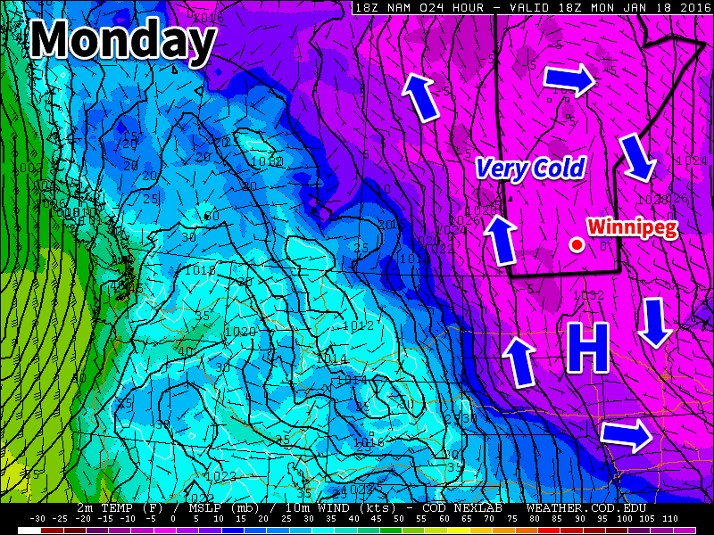 A surface ridge of high pressure will be centred over southern Manitoba on Monday