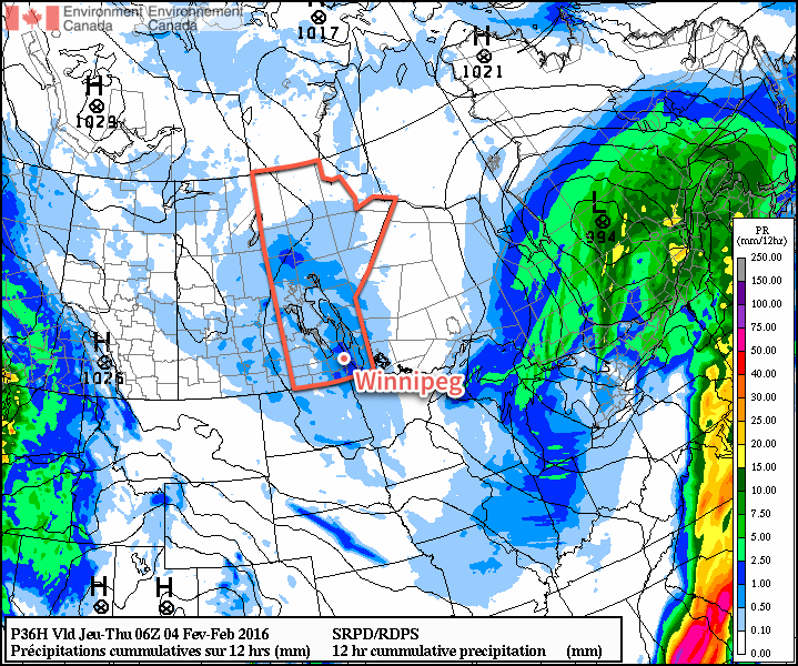 RDPS-based precipitation forecast valid from 18Z - 06Z February 3/4, 2016