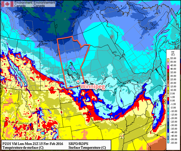 RDPS Forecast 2m Temperatures valid 21Z Monday February 15, 2016