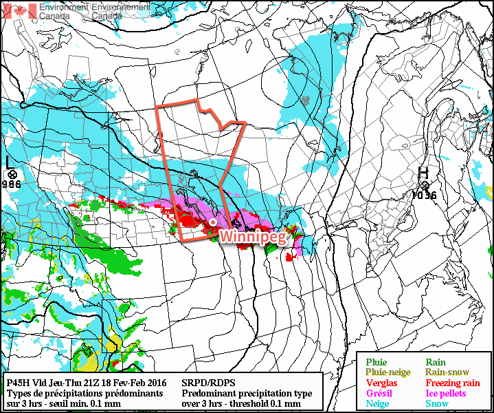 RDPS Precipitation Type Forecast for Thursday February 18, 2016
