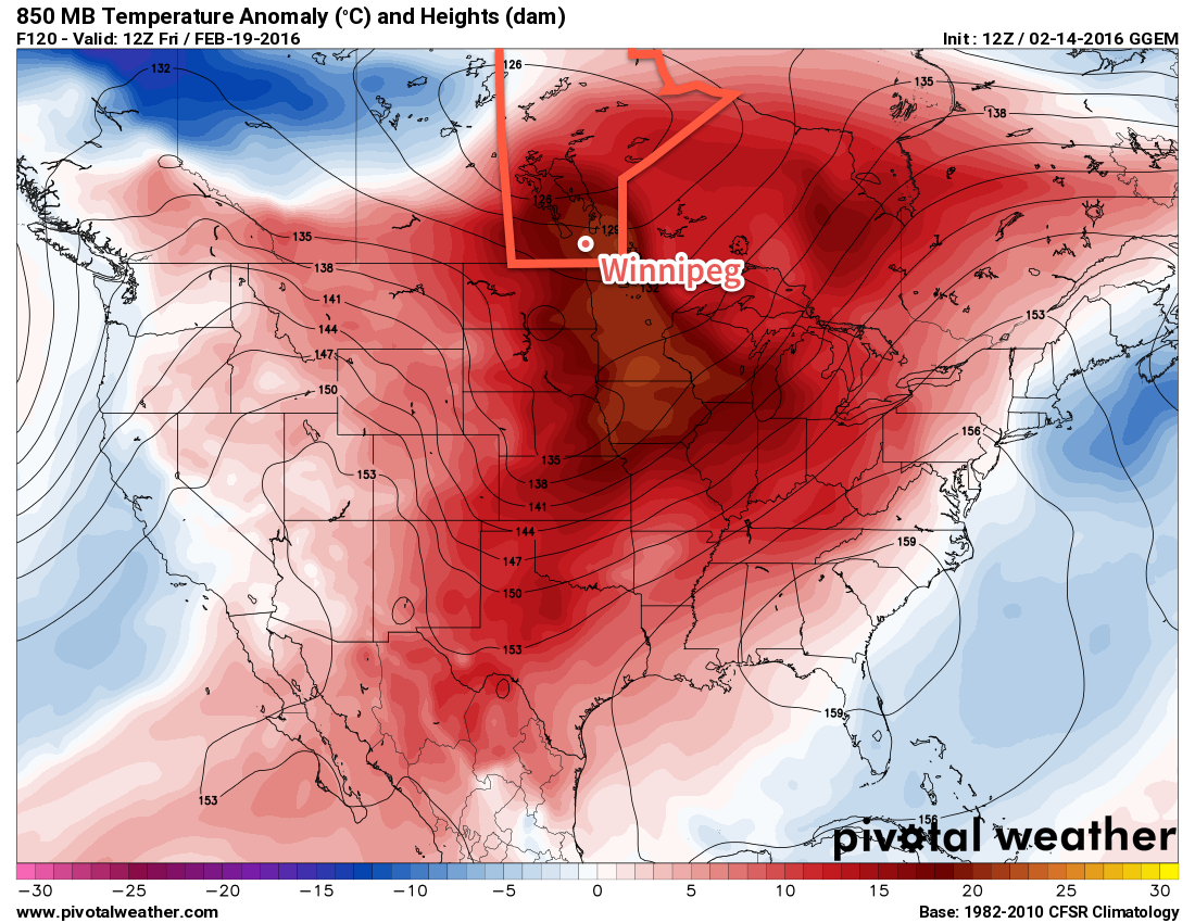 GDPS Forecast 850mb Temperature Anomalies valid 12Z Friday February 19, 2016