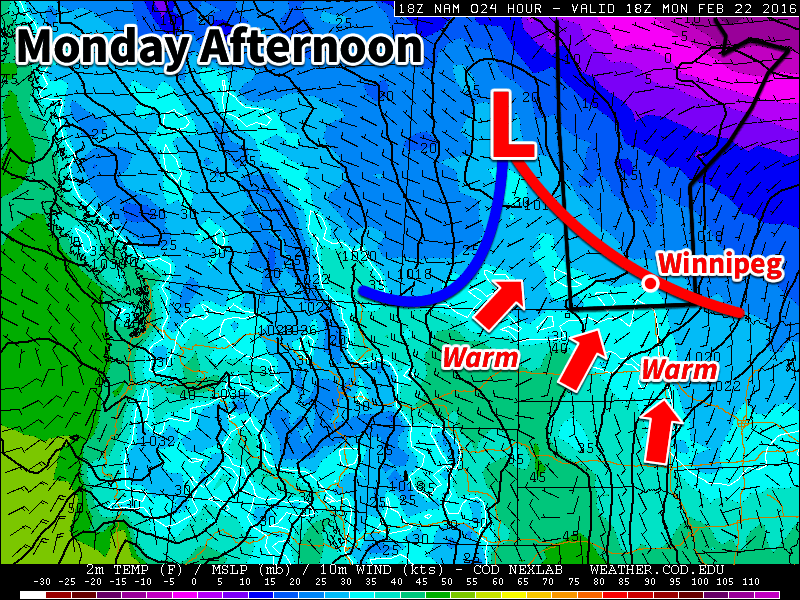 Southern Manitoba will be in the warm sector on Monday